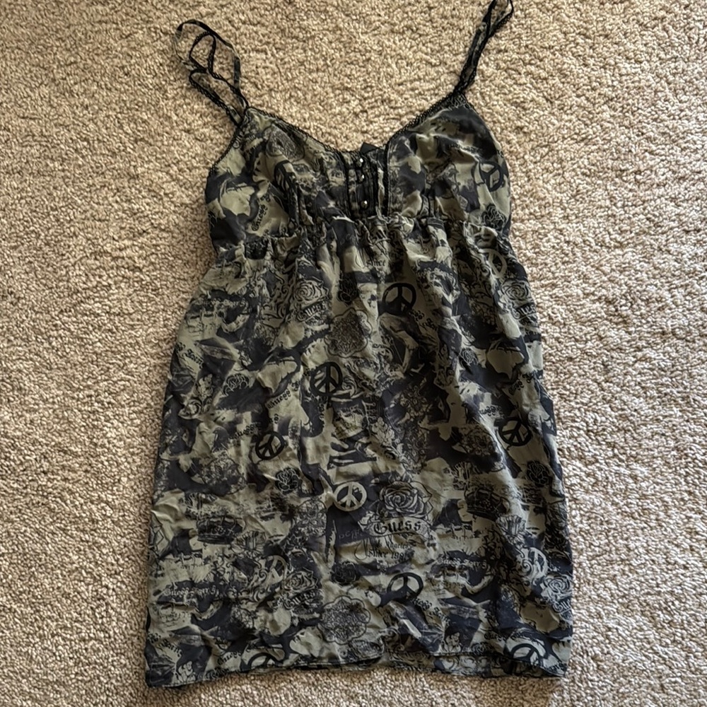 GUESS Gray and Black Ruched Camisole with Spaghetti Straps